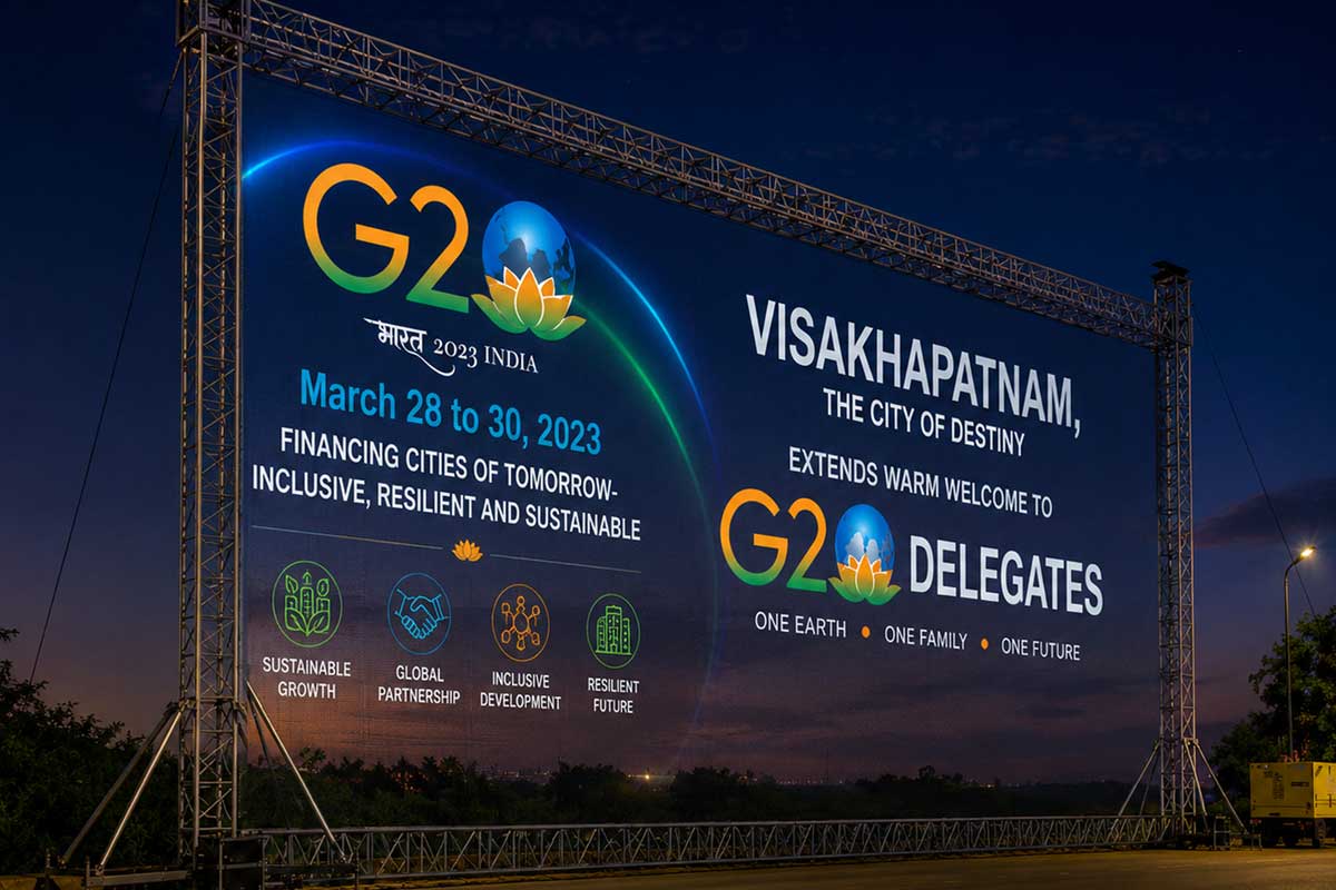 G20 India Summit Vizag 30ft x 60ft holographic mesh screen installation at government event venue